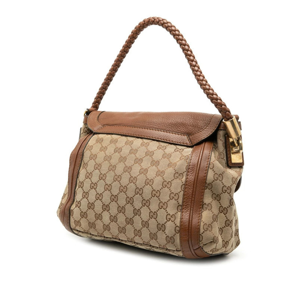 Gucci Bamboo Leather 2way Beige Shoulder GG Bella Brown Canvas Bag Tan Brown